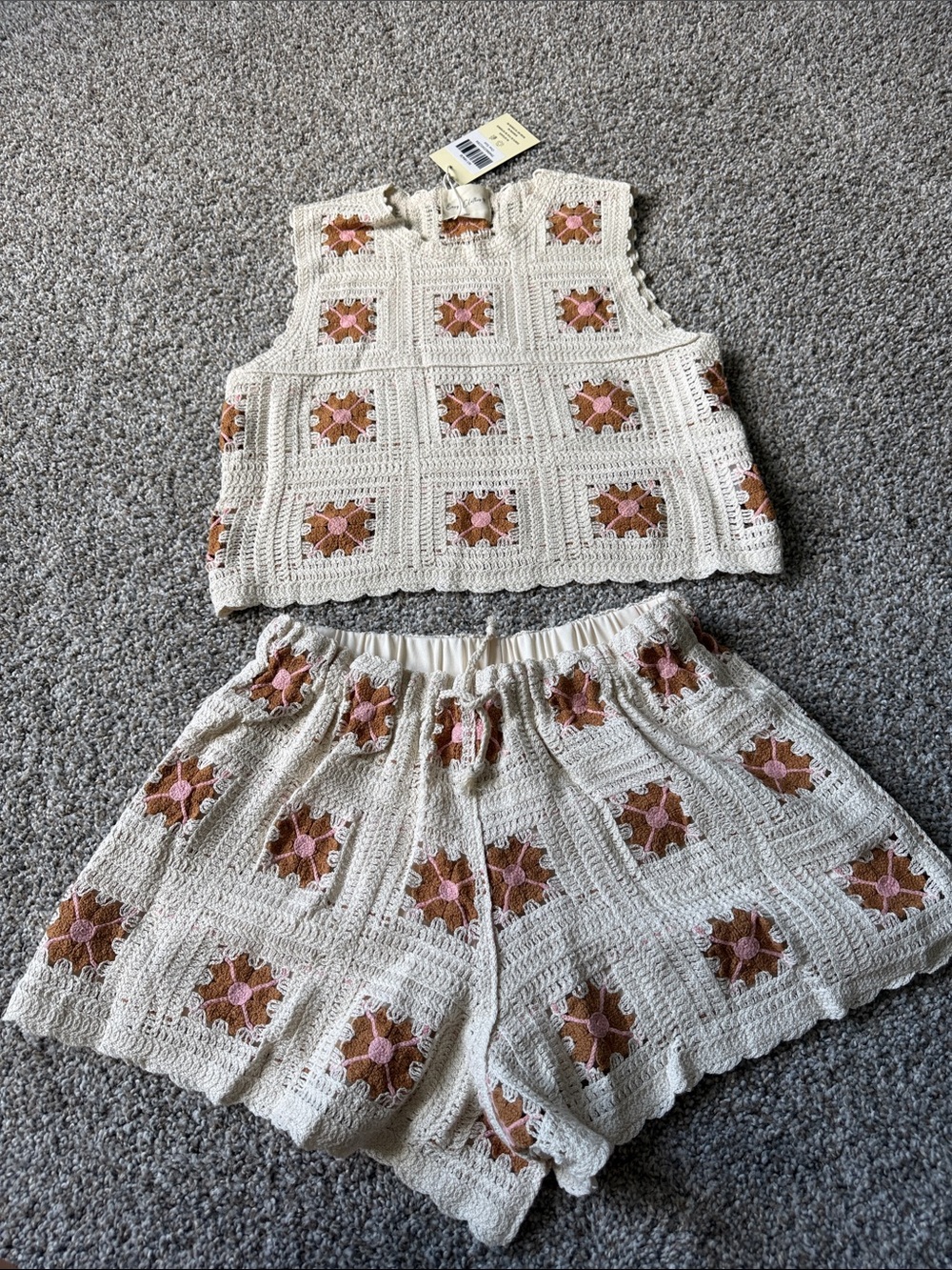 Crocheted Cream Floral-Embroidered Women’s Tank and Shorts Set